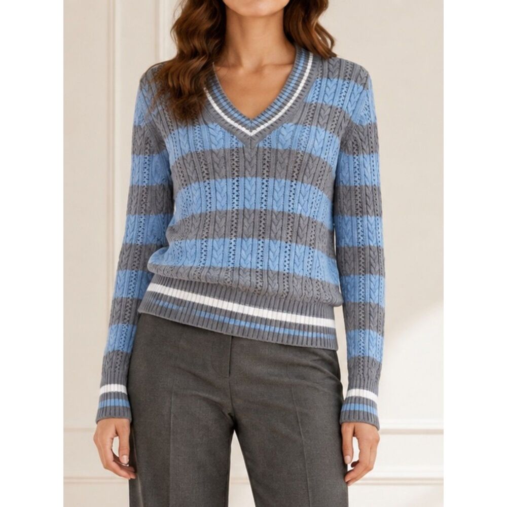 Liz Claiborne Cotton Cable Knit Sweater Size XL Blue Gray Stripe V-Neck VTG